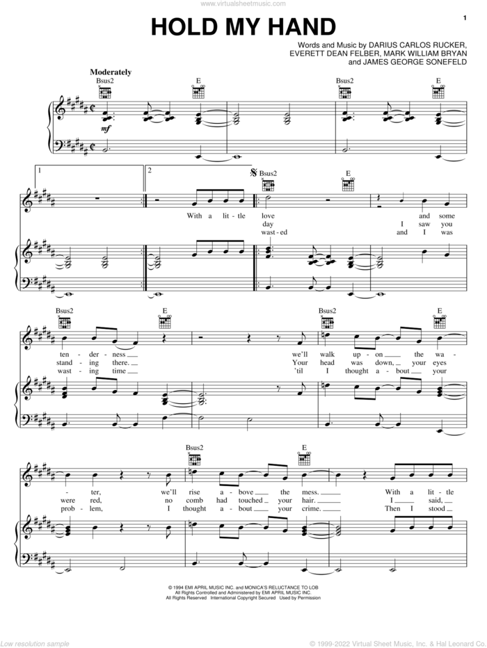Hold My Hand sheet music for voice, piano or guitar by Hootie & The Blowfish, Darius Carlos Rucker, Everett Dean Felber and James George Sonefeld, intermediate skill level