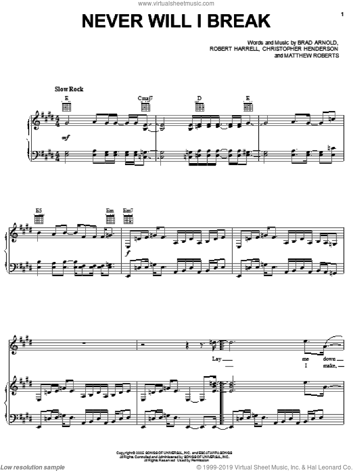 Never Will I Break sheet music for voice, piano or guitar by 3 Doors Down, Brad Arnold, Christopher Henderson, Matthew Roberts and Robert Harrell, intermediate skill level