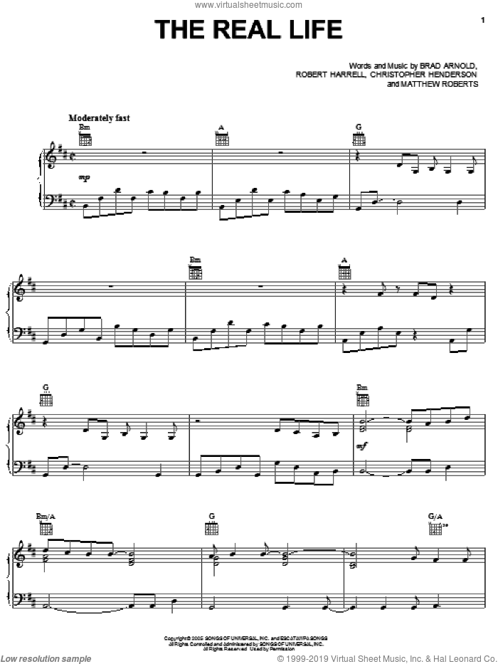 The Real Life sheet music for voice, piano or guitar by 3 Doors Down, Brad Arnold, Christopher Henderson, Matthew Roberts and Robert Harrell, intermediate skill level