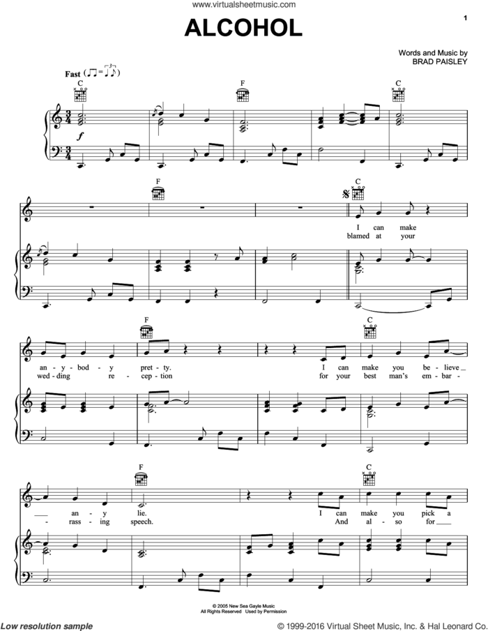 Alcohol sheet music for voice, piano or guitar by Brad Paisley, intermediate skill level