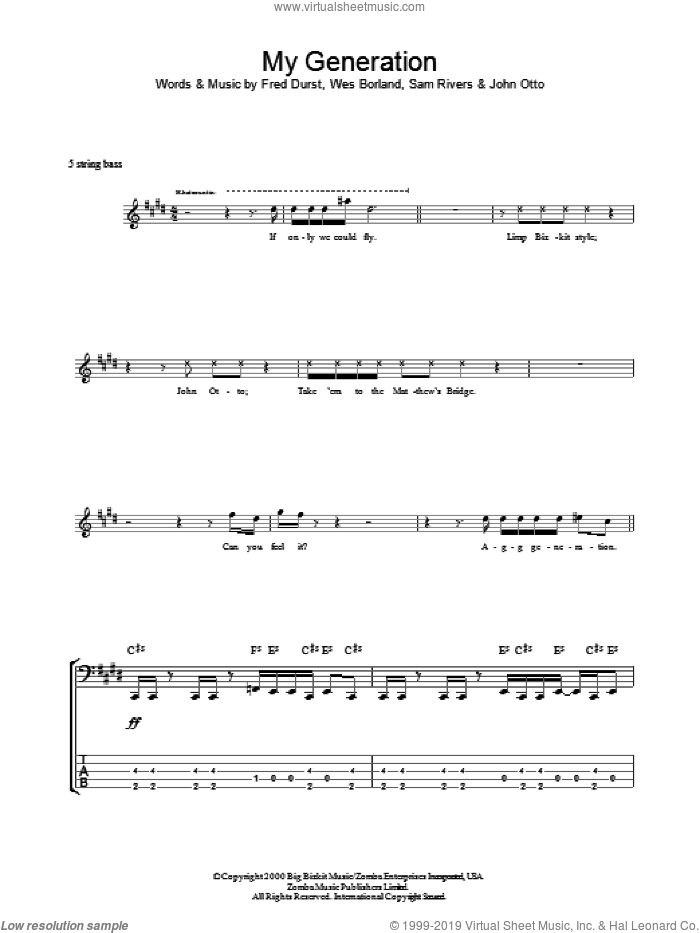My Generation sheet music for bass (tablature) (bass guitar) by Limp Bizkit, Fred Durst, John Otto, Sam Rivers and Wes Borland, intermediate skill level