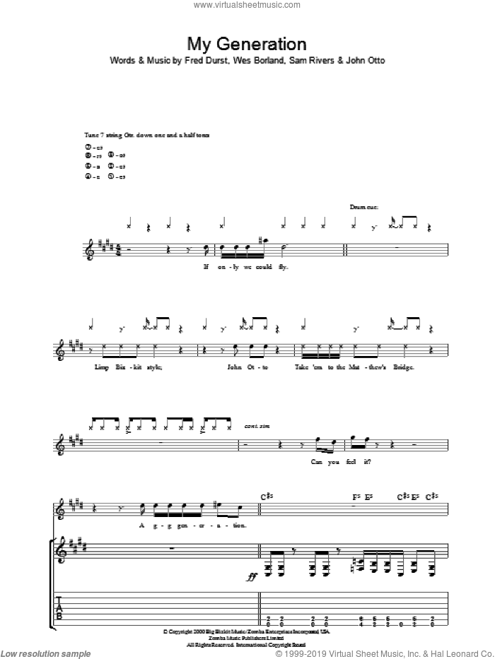My Generation sheet music for guitar (tablature) by Limp Bizkit, Fred Durst, John Otto, Sam Rivers and Wes Borland, intermediate skill level