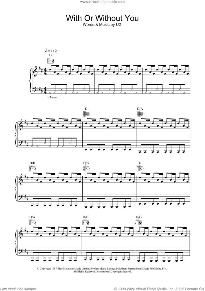 With Or Without You sheet music for voice, piano or guitar by U2, Bono and The Edge, intermediate skill level