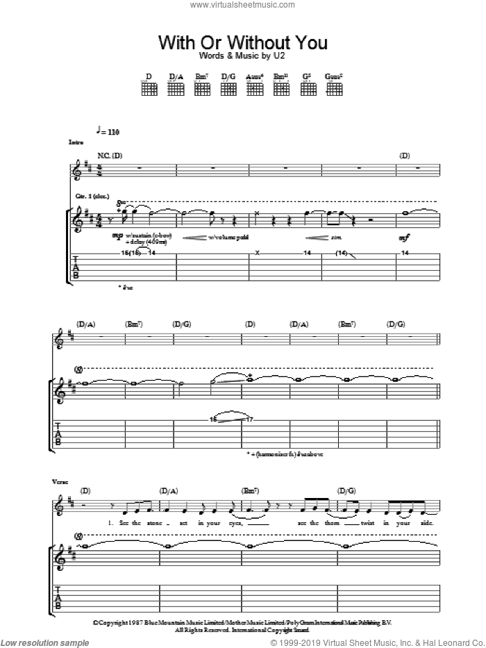 With Or Without You sheet music for guitar (tablature) by U2, Bono and The Edge, intermediate skill level
