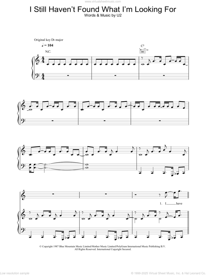 I Still Haven't Found What I'm Looking For sheet music for voice, piano or guitar by U2, Bono and The Edge, intermediate skill level