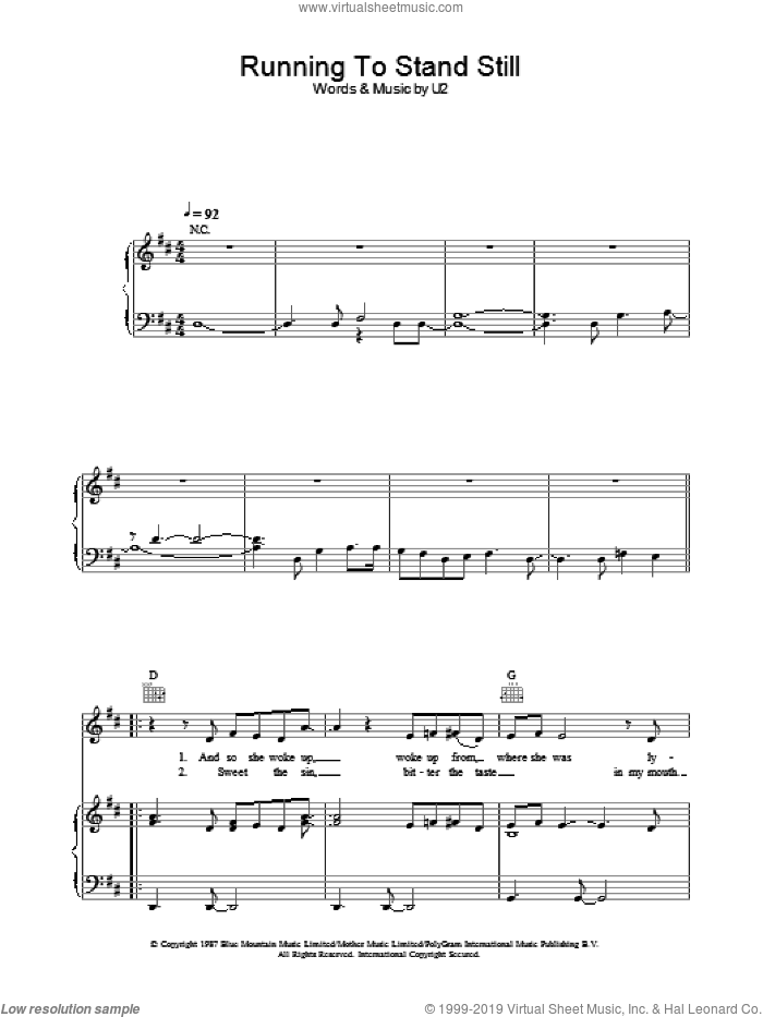 Running To Stand Still sheet music for voice, piano or guitar by U2, intermediate skill level