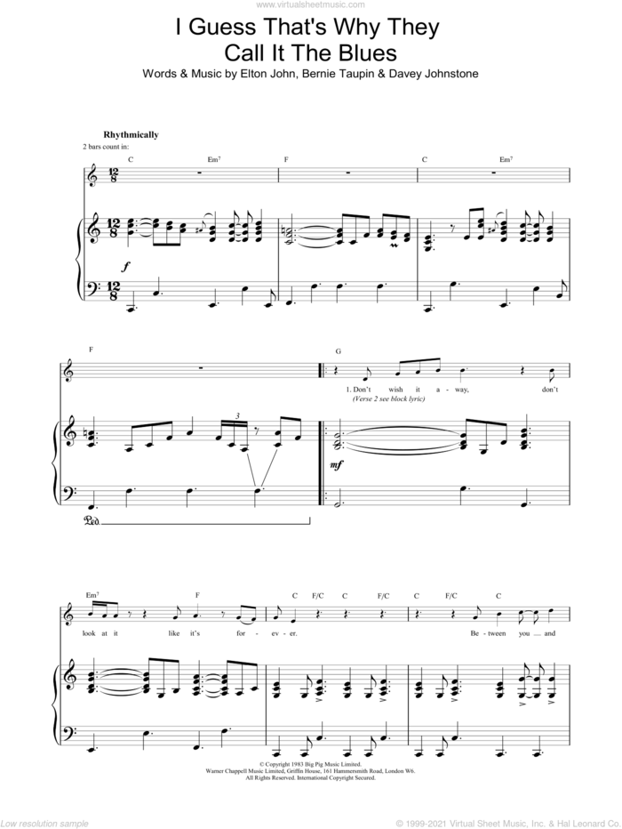 I Guess That's Why They Call It The Blues sheet music for voice, piano or guitar by Elton John, Bernie Taupin and Davey Johnstone, intermediate skill level