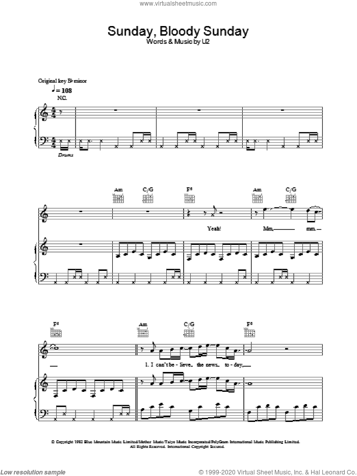Sunday Bloody Sunday sheet music for voice, piano or guitar by U2, Bono and The Edge, intermediate skill level