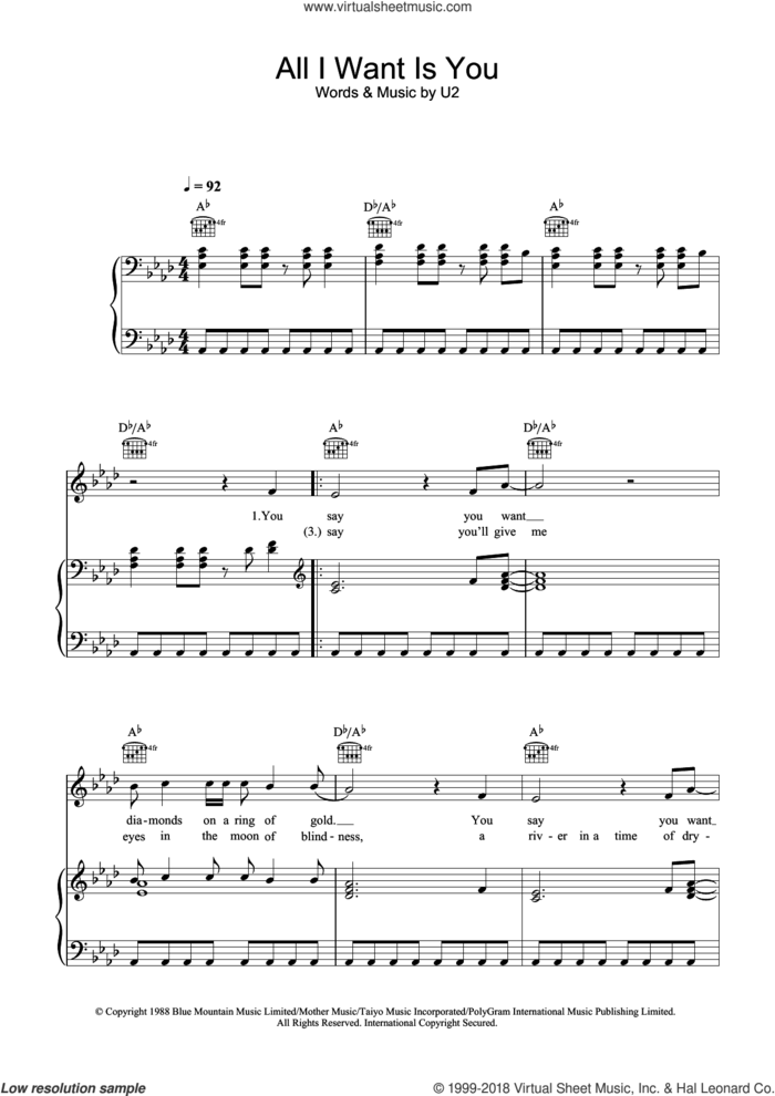 All I Want Is You sheet music for voice, piano or guitar by U2 and Bono, intermediate skill level