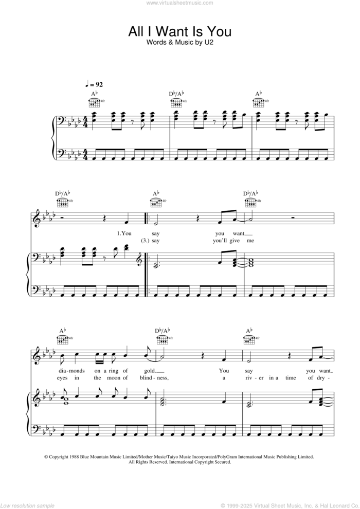 All I Want Is You sheet music for voice, piano or guitar by U2 and Bono, intermediate skill level