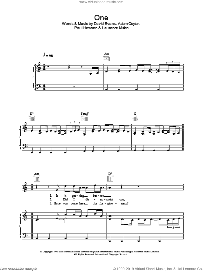 One sheet music for voice, piano or guitar by U2, Johnny Cash, Adam Clayton, David Evans, Laurence Mullen and Paul Hewson, intermediate skill level