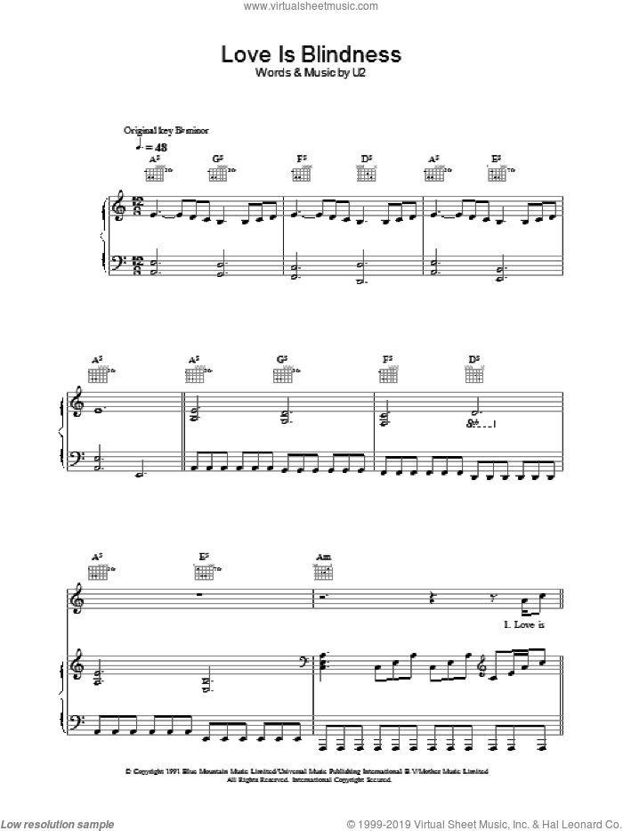 Love Is Blindness sheet music for voice, piano or guitar by U2, intermediate skill level