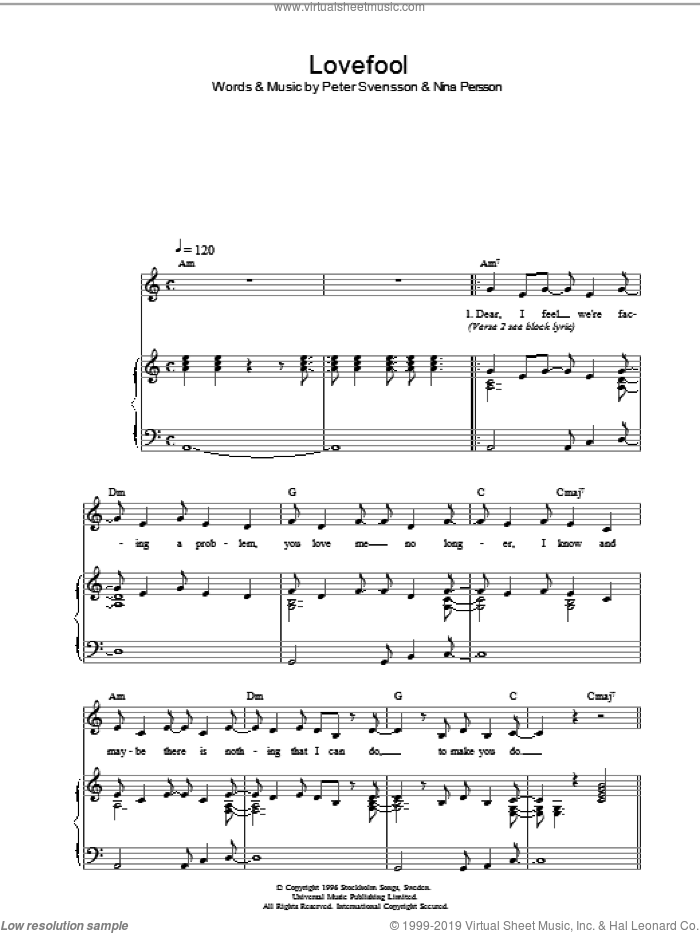 Lovefool sheet music for voice, piano or guitar by The Cardigans, Nina Persson and Peter Svensson, intermediate skill level
