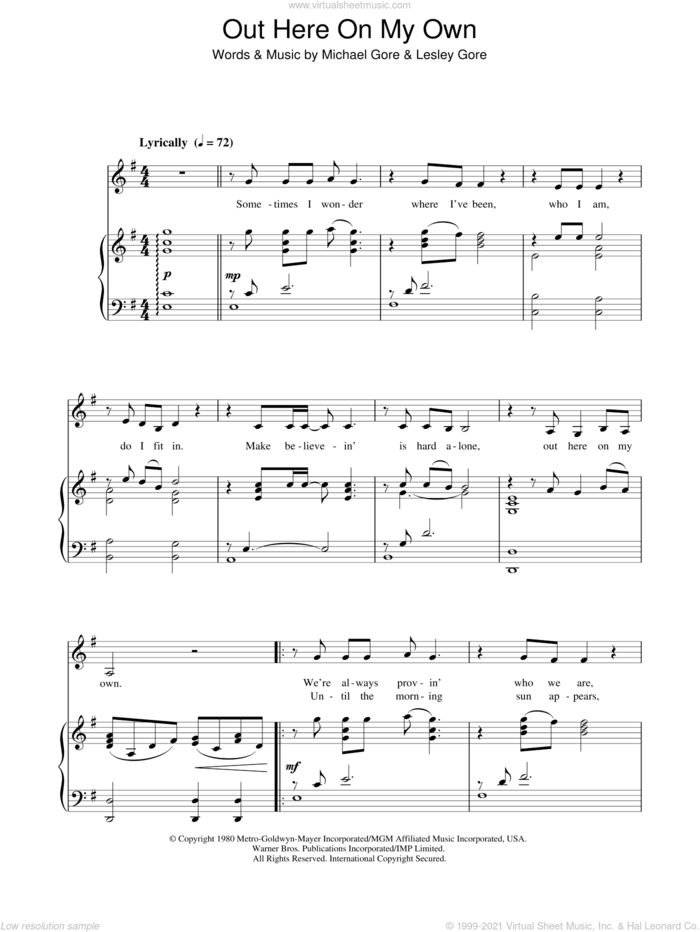 Out Here On My Own (from Fame) sheet music for voice, piano or guitar by The Kids From Fame, Lesley Gore and Michael Gore, intermediate skill level