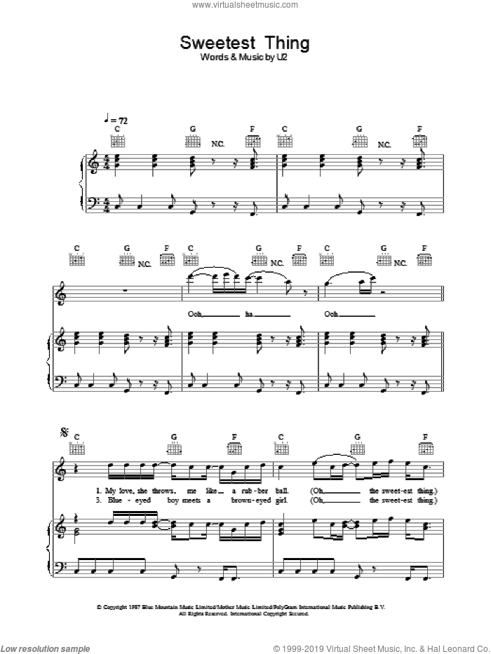 Sweetest Thing sheet music for voice, piano or guitar by U2, intermediate skill level