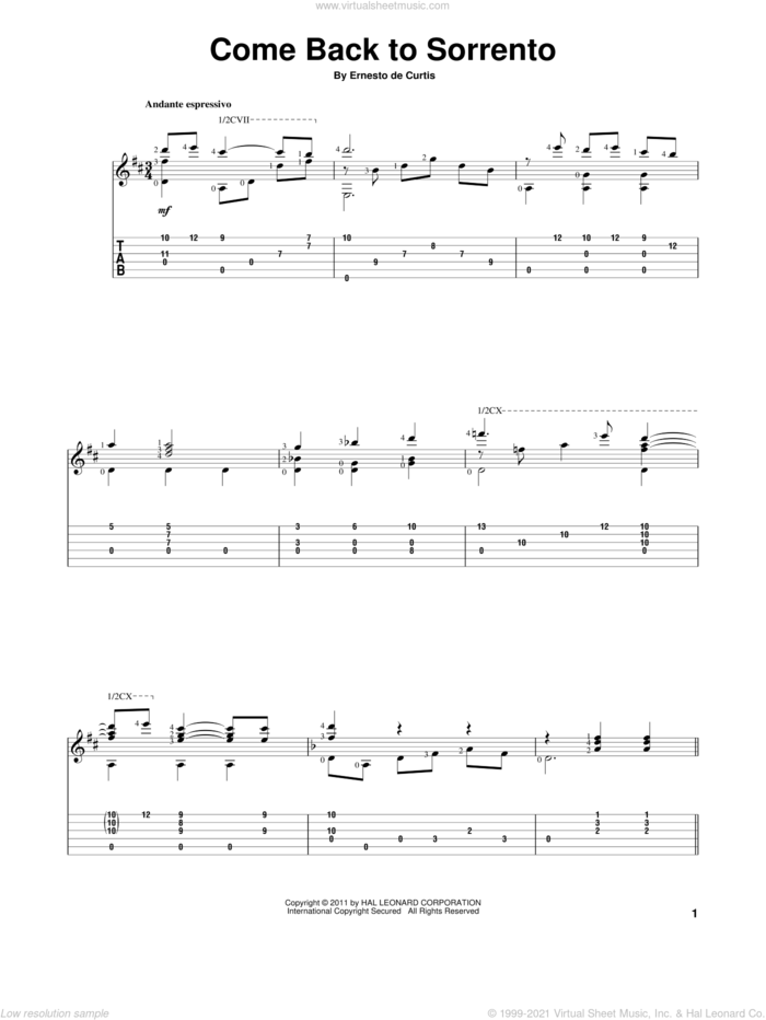 Come Back To Sorrento sheet music for guitar solo by Ernesto de Curtis, intermediate skill level