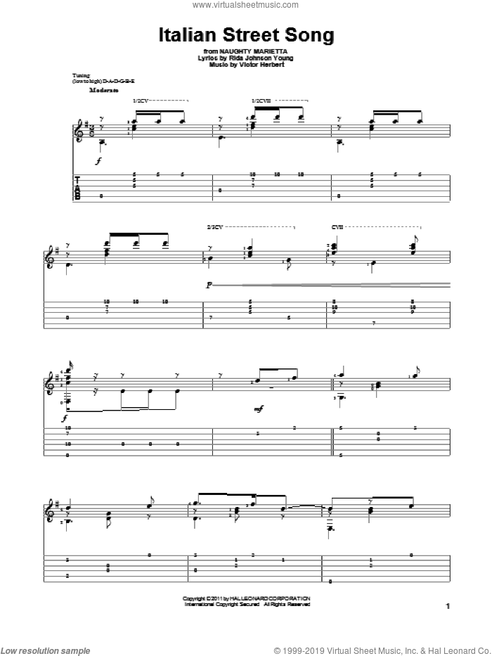 Italian Street Song sheet music for guitar solo by Victor Herbert and Rida Johnson Young, intermediate skill level