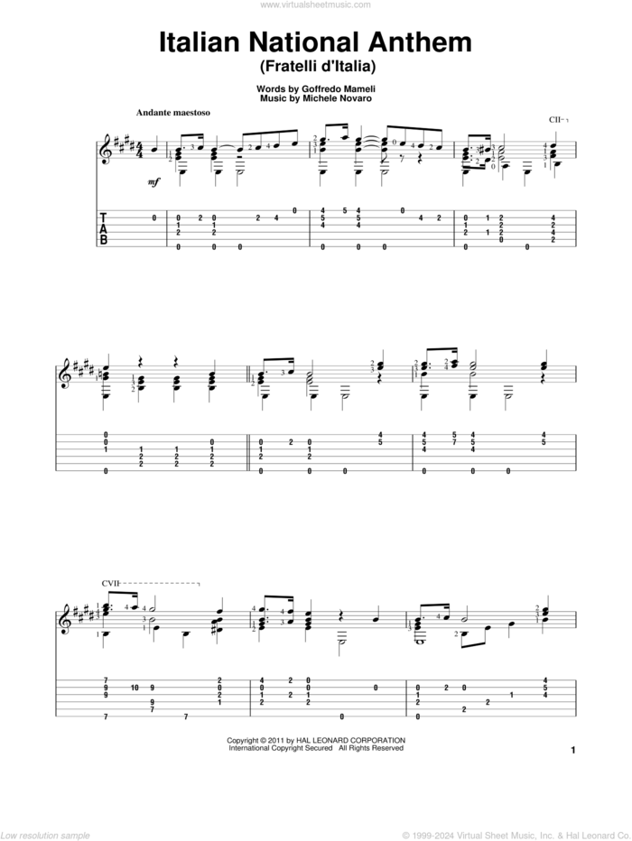 Italian National Anthem (Fratelli d'Italia) sheet music for guitar solo by Michele Novaro and Goffredo Mameli, classical score, intermediate skill level