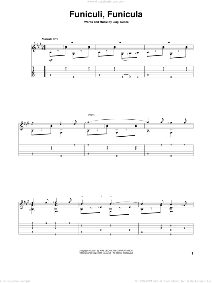 Funiculi Funicula sheet music for guitar solo by Luigi Denza, intermediate skill level