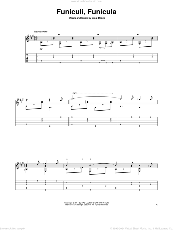 Funiculi Funicula sheet music for guitar solo by Luigi Denza, intermediate skill level