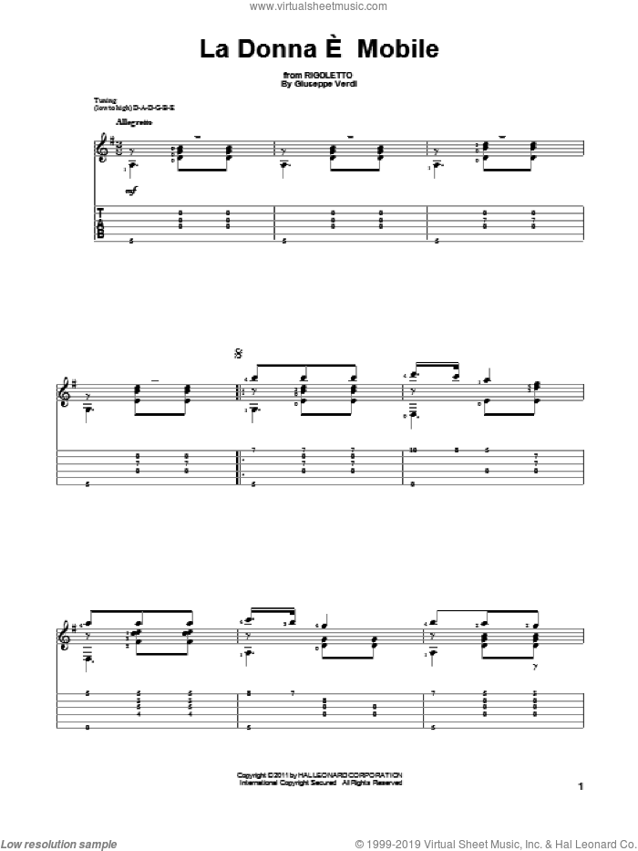 La Donna e Mobile sheet music for guitar solo by Giuseppe Verdi, classical score, intermediate skill level