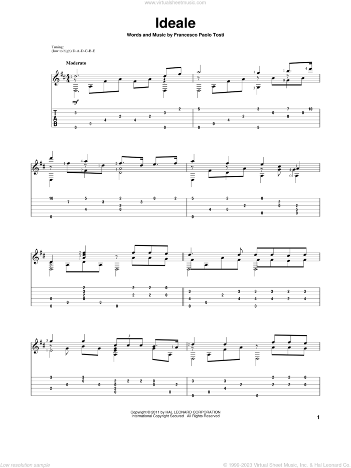 Ideale sheet music for guitar solo by Francesco Paolo Tosti, classical score, intermediate skill level