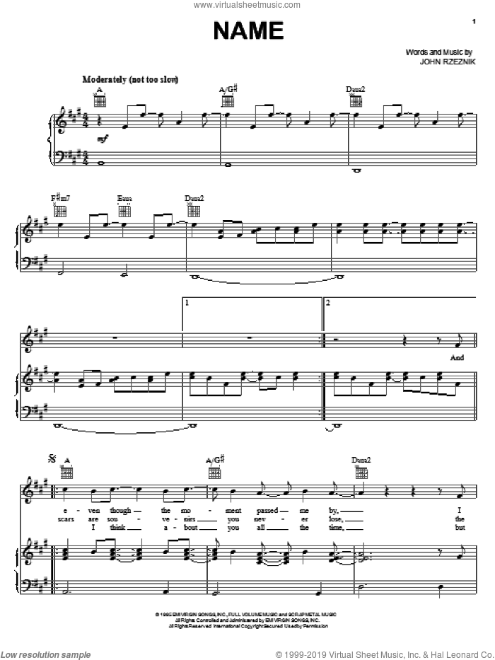 Name sheet music for voice, piano or guitar by Goo Goo Dolls and John Rzeznik, intermediate skill level