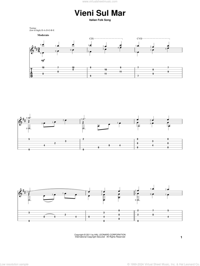 Vieni Sul Mar sheet music for guitar solo, intermediate skill level