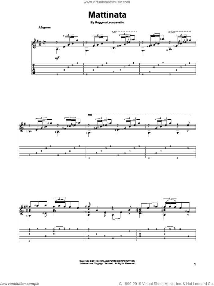 Mattinata sheet music for guitar solo by Ruggero Leoncavallo, classical score, intermediate skill level