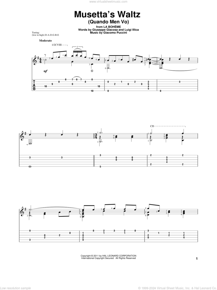 Musetta's Waltz (Quando Men Vo) sheet music for guitar solo by Giacomo Puccini, classical score, intermediate skill level