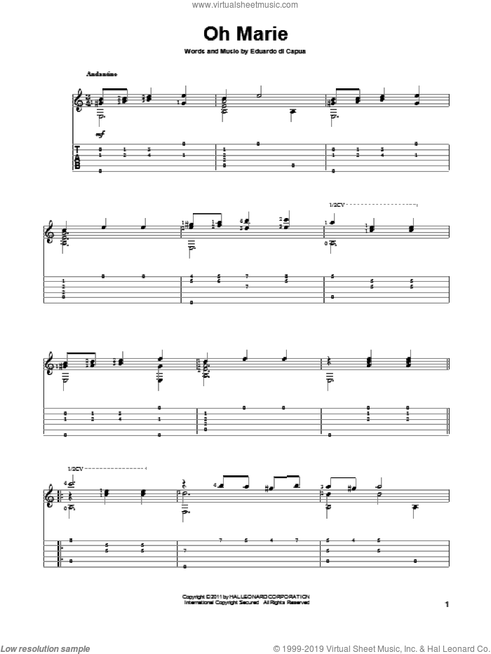 Oh Marie sheet music for guitar solo by Eduardo di Capua, classical score, intermediate skill level