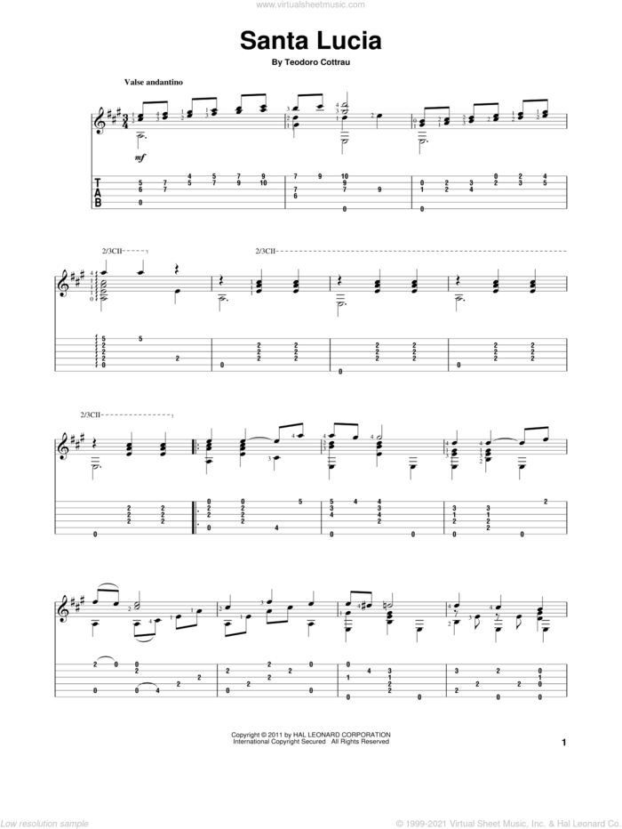 Santa Lucia sheet music for guitar solo by Teodoro Cottrau, intermediate skill level