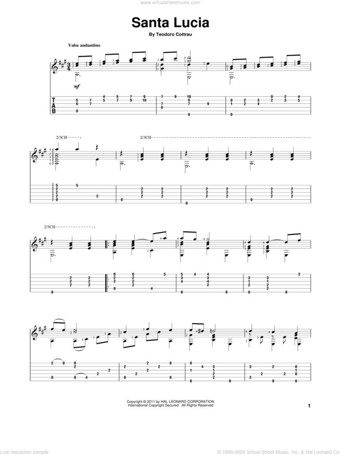 Santa Lucia sheet music for guitar solo by Teodoro Cottrau, intermediate skill level