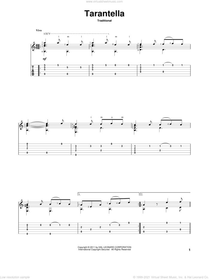 Tarantella sheet music for guitar solo, classical score, intermediate skill level