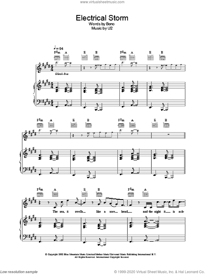 Electrical Storm sheet music for voice, piano or guitar by U2 and Bono, intermediate skill level