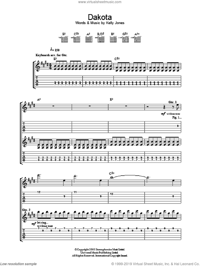 Dakota sheet music for guitar (tablature) by Stereophonics and Kelly Jones, intermediate skill level