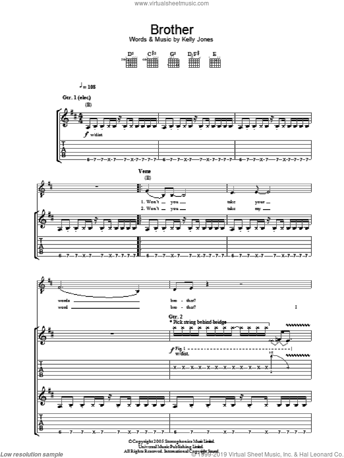 Brother sheet music for guitar (tablature) by Stereophonics and Kelly Jones, intermediate skill level