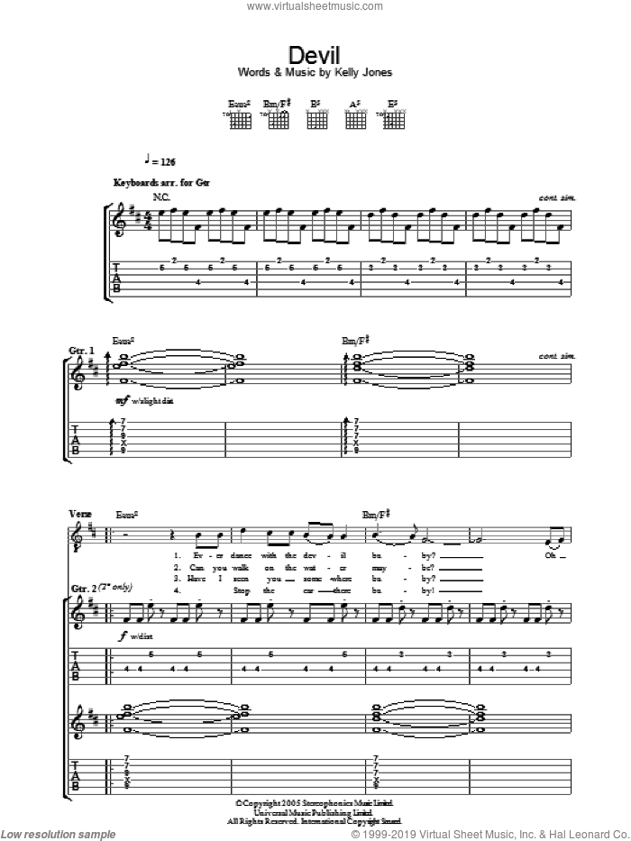 Devil sheet music for guitar (tablature) by Stereophonics and Kelly Jones, intermediate skill level
