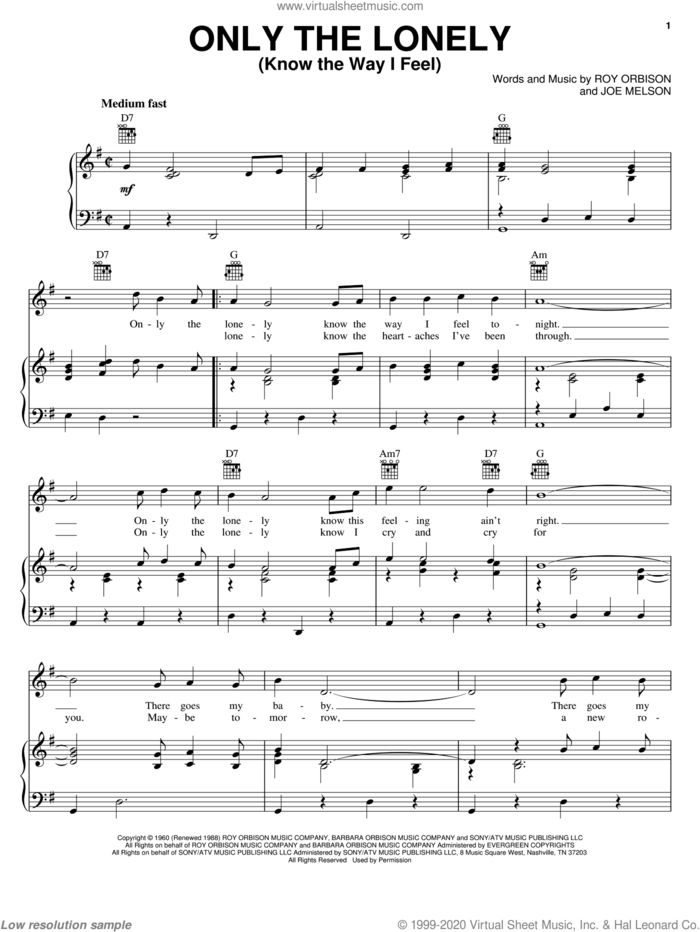 Only The Lonely (Know The Way I Feel) sheet music for voice, piano or guitar by Roy Orbison and Joe Melson, intermediate skill level