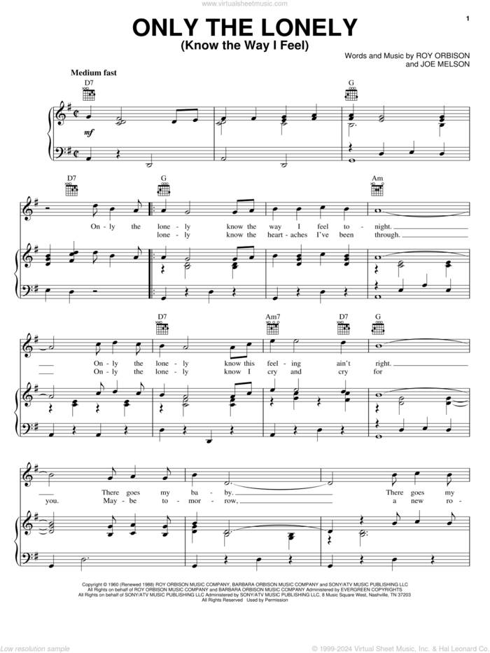 Only The Lonely (Know The Way I Feel) sheet music for voice, piano or guitar by Roy Orbison and Joe Melson, intermediate skill level