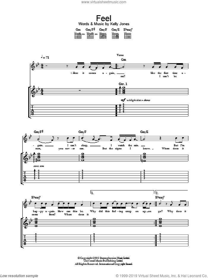 Feel sheet music for guitar (tablature) by Stereophonics and Kelly Jones, intermediate skill level