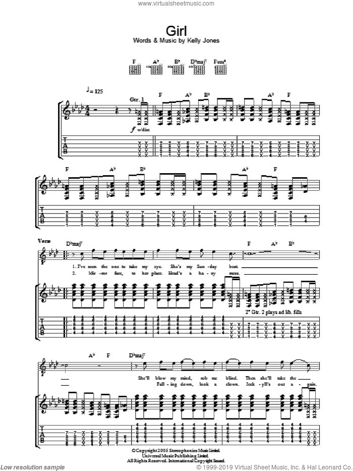Girl sheet music for guitar (tablature) by Stereophonics and Kelly Jones, intermediate skill level
