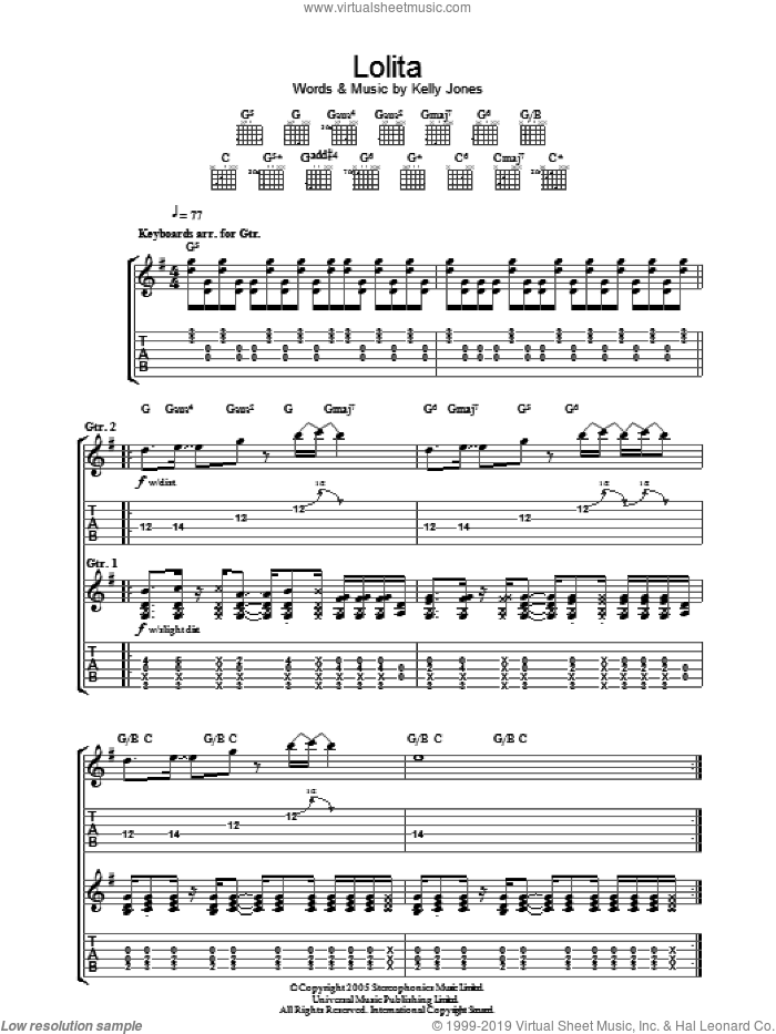 Lolita sheet music for guitar (tablature) by Stereophonics and Kelly Jones, intermediate skill level