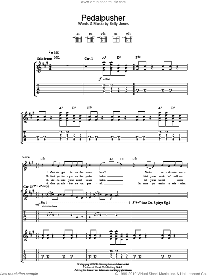 Pedalpusher sheet music for guitar (tablature) by Stereophonics and Kelly Jones, intermediate skill level