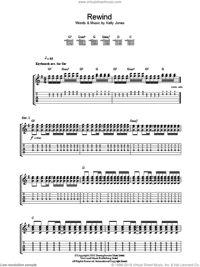 Rewind sheet music for guitar (tablature) by Stereophonics and Kelly Jones, intermediate skill level