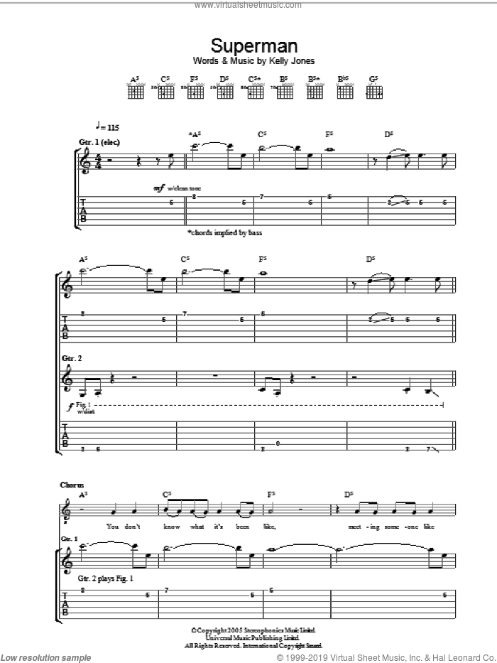 Superman sheet music for guitar (tablature) by Stereophonics and Kelly Jones, intermediate skill level