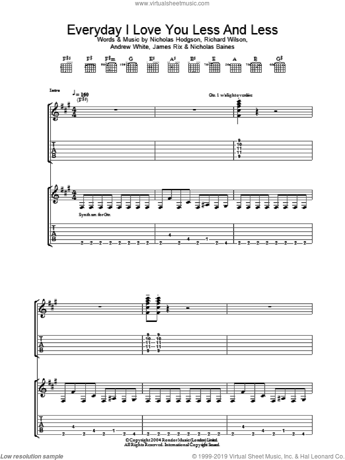 Everyday I Love You Less And Less sheet music for guitar (tablature) by Kaiser Chiefs, Andrew White, James Rix, Nicholas Baines, Nicholas Hodgson and Richard Wilson, intermediate skill level