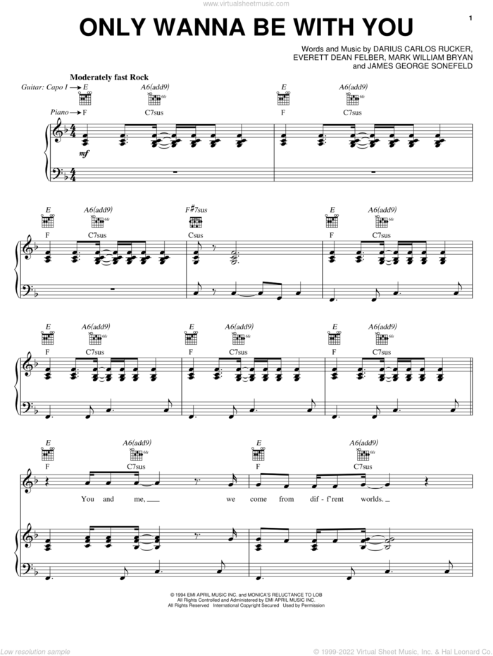 Only Wanna Be With You sheet music for voice, piano or guitar by Hootie & The Blowfish, Darius Carlos Rucker, Everett Dean Felber and James George Sonefeld, intermediate skill level
