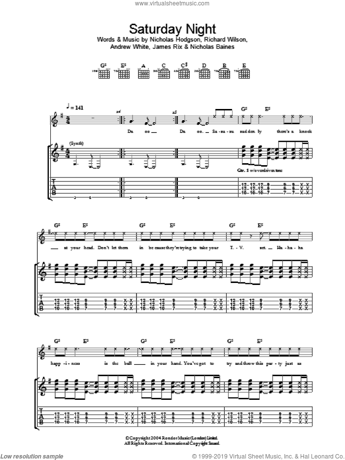 Saturday Night sheet music for guitar (tablature) by Kaiser Chiefs, Andrew White, James Rix, Nicholas Baines, Nicholas Hodgson and Richard Wilson, intermediate skill level