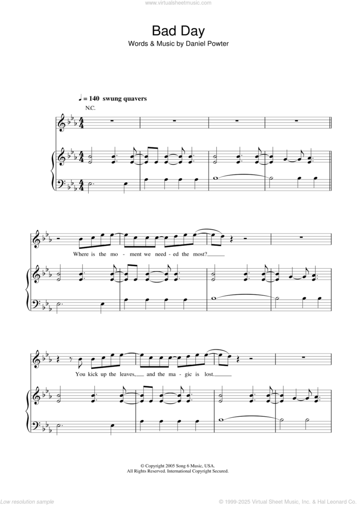 Bad Day sheet music for voice, piano or guitar by Daniel Powter, intermediate skill level